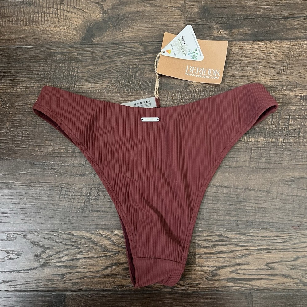 Berlook String Bikini Set XS Triangle Top Cheeky Bottoms NWT Brown Ribbed Padded - Picture 3 of 6